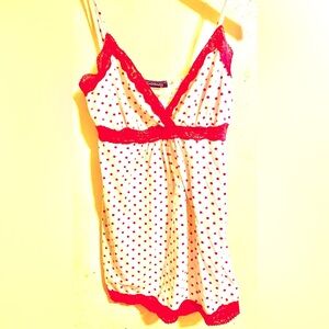 Entrancy 80s Vintage White Top with Pink Polka Dots, Size M